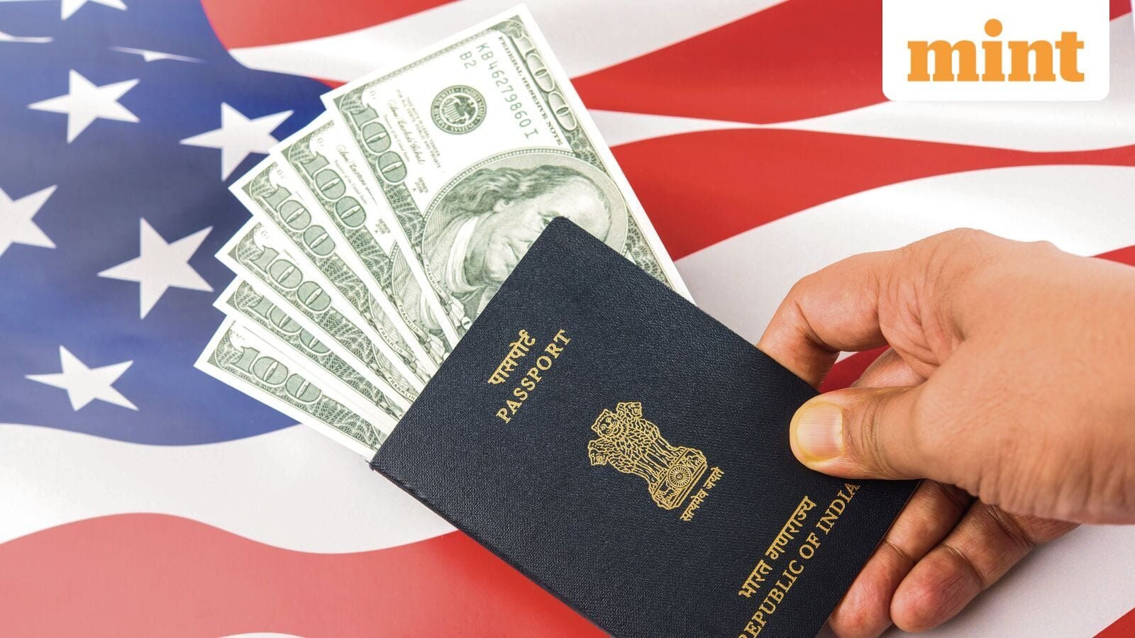 concept showing Indian passport with US currency notes or Dollars with american flag in the background, applying for US / american tourist or H-1B visa or travel visa