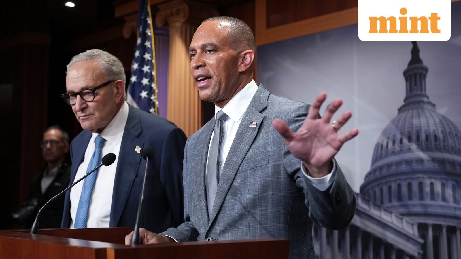 Senate Minority Leader Chuck Schumer, D-N.Y., and House Minority Leader Hakeem Jeffries, D-N.Y., right, talk with reporters following their meeting with President Donald Trump and Republican leaders on the government funding crisis, at the Capitol in Washington, Monday, Sept. 29, 2025. (AP Photo/J. Scott Applewhite)