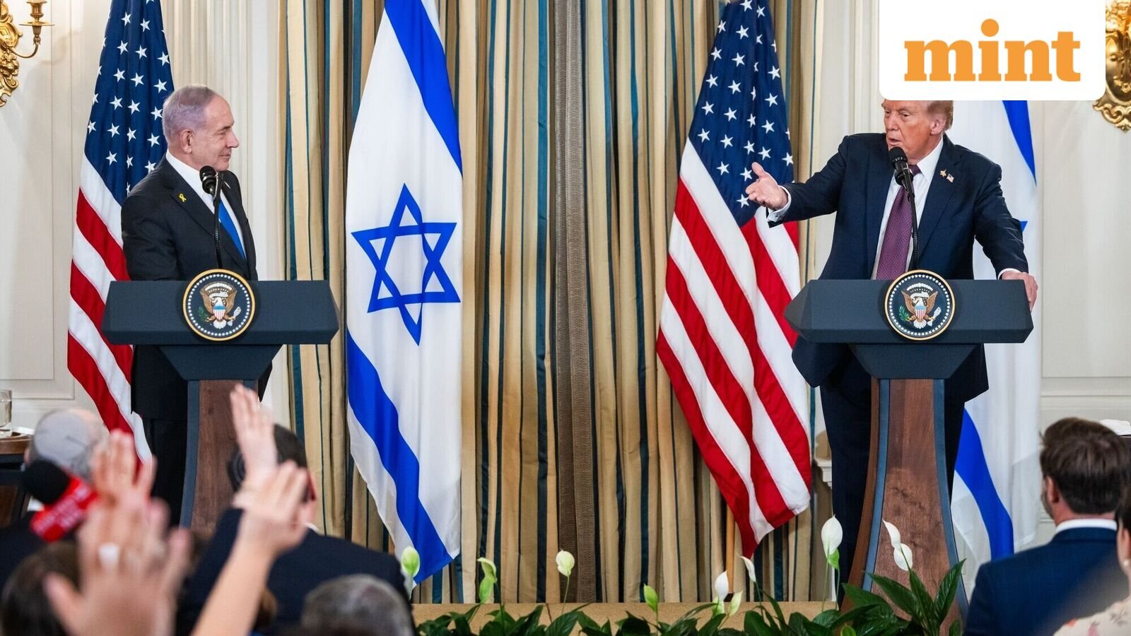 Israel-Hamas War: US President Donald Trump, right, and Benjamin Netanyahu, Israel's prime minister, during a news conference in the State Dining Room of the White House in Washington, DC, US, on Monday, Sept. 29, 2025.