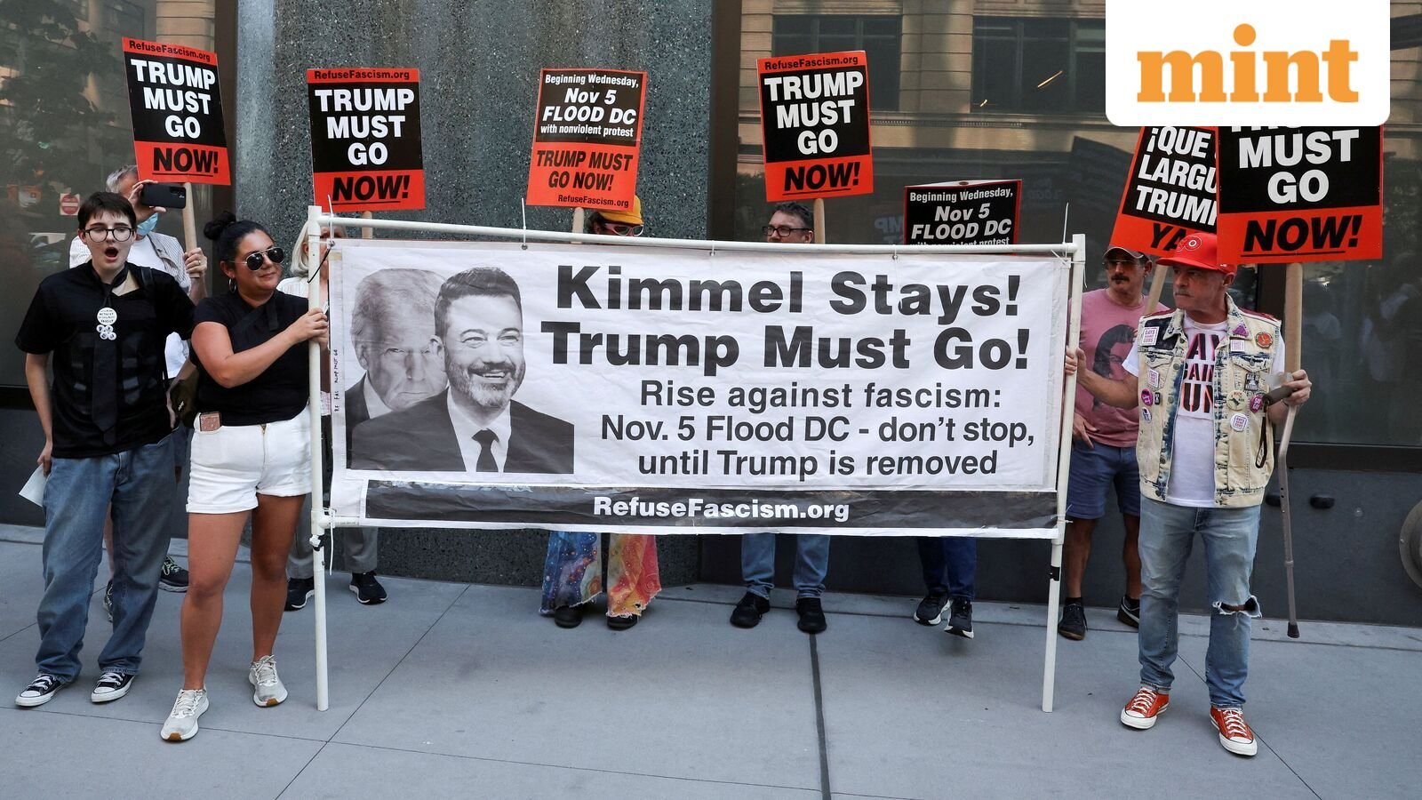 FILE PHOTO: People protest outside The Walt Disney Company’s Headquarters, a day after Walt Disney-owned ABC said it was pulling  'Jimmy Kimmel Live' off the air due to threats by the head of the top U.S. communications regulator, because of comments by Kimmel on the assassination of right wing influencer Charlie Kirk, in New York City, U.S., September 18, 2025. REUTERS/Shannon Stapleton/File Photo