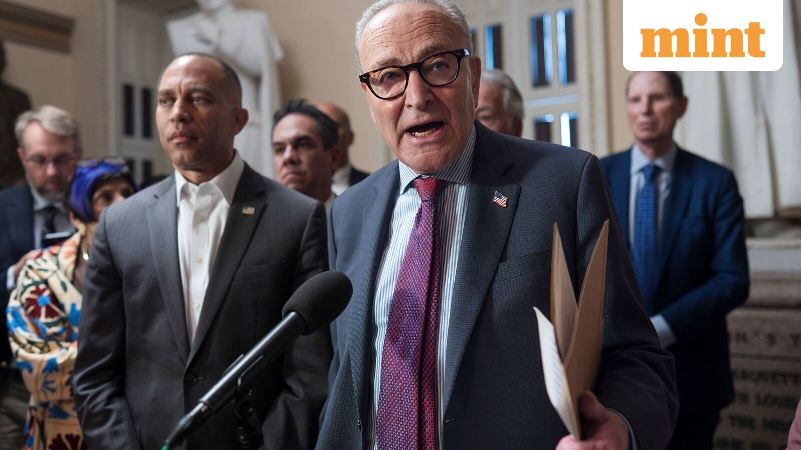 House Democratic Leader Hakeem Jeffries, left, and Senate Democratic Leader Chuck Schumer, both of New York, tell reporters that they are united as the September 30 funding deadline approaches, at the Capitol in Washington, Thursday, Sept. 11, 2025. (AP Photo/J. Scott Applewhite)