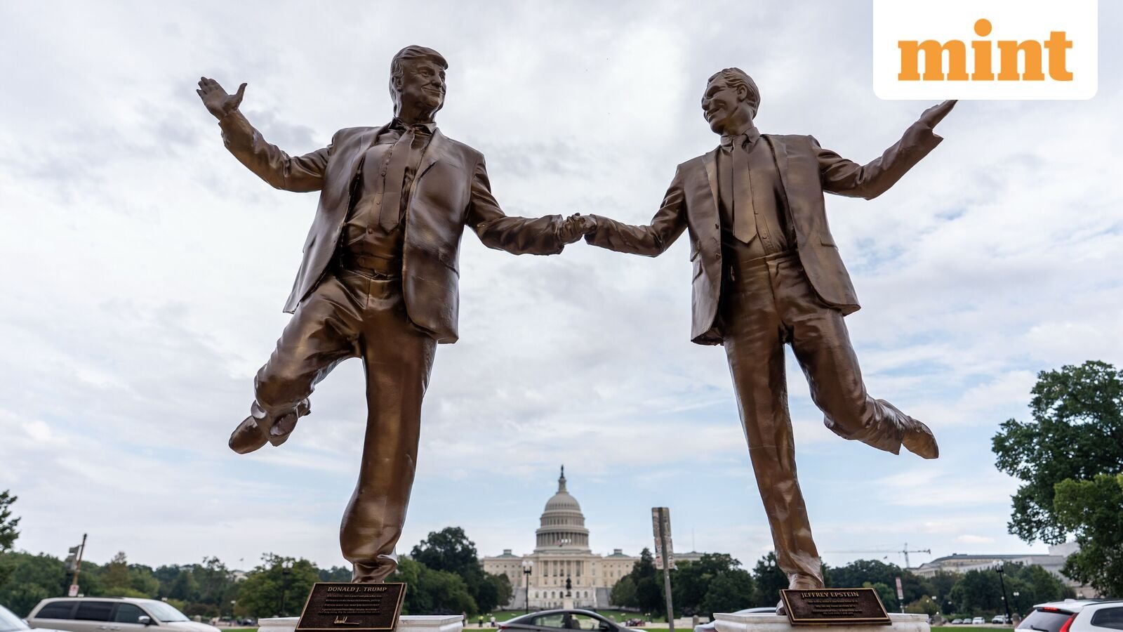 A work of protest art representing President Donald Trump and Jeffrey Epstein is seen on the National Mall near the Capitol