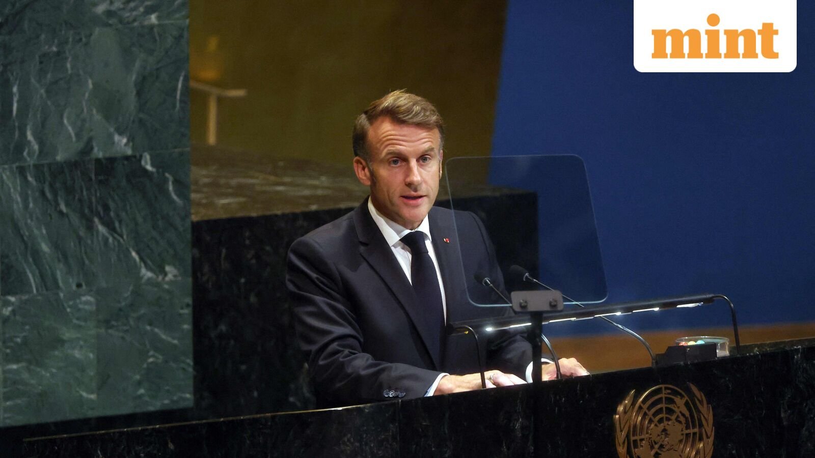 French President Emmanuel Macron at the UNGA meeting organised by France and Saudi Arabia in support of a two-state solution between Palestine and Israel on September 22, 2025 in New York City.