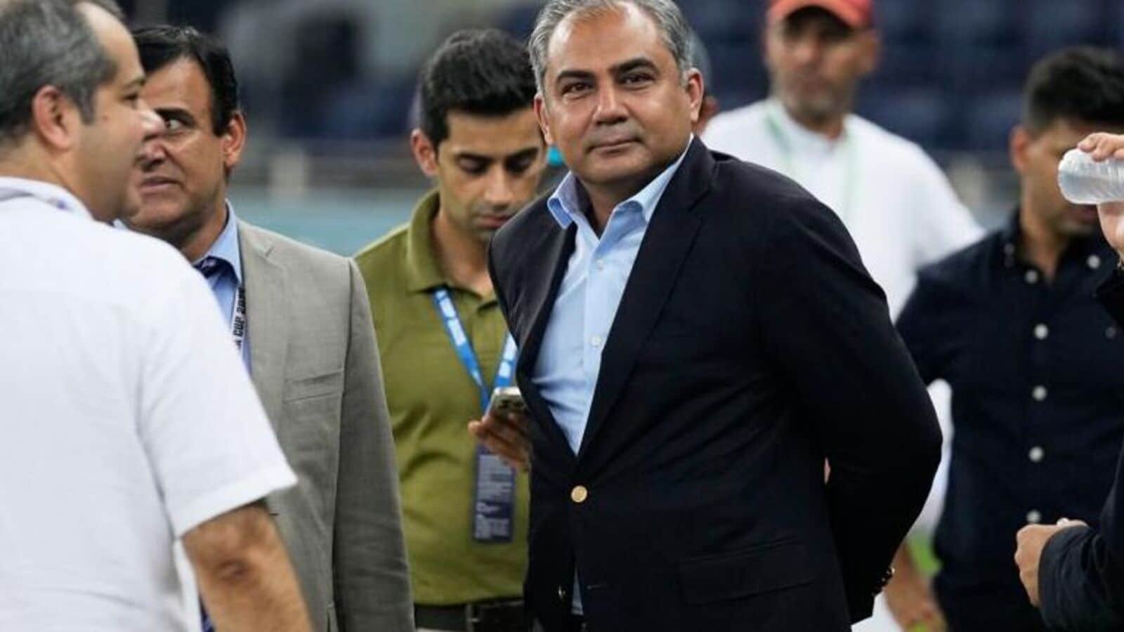 Asian Cricket Council president, Mohsin Naqvi, also the Pakistan interior minister, stands with officials after the India-Pakistan Asia Cup final in Dubai on Sunday. (AP)
