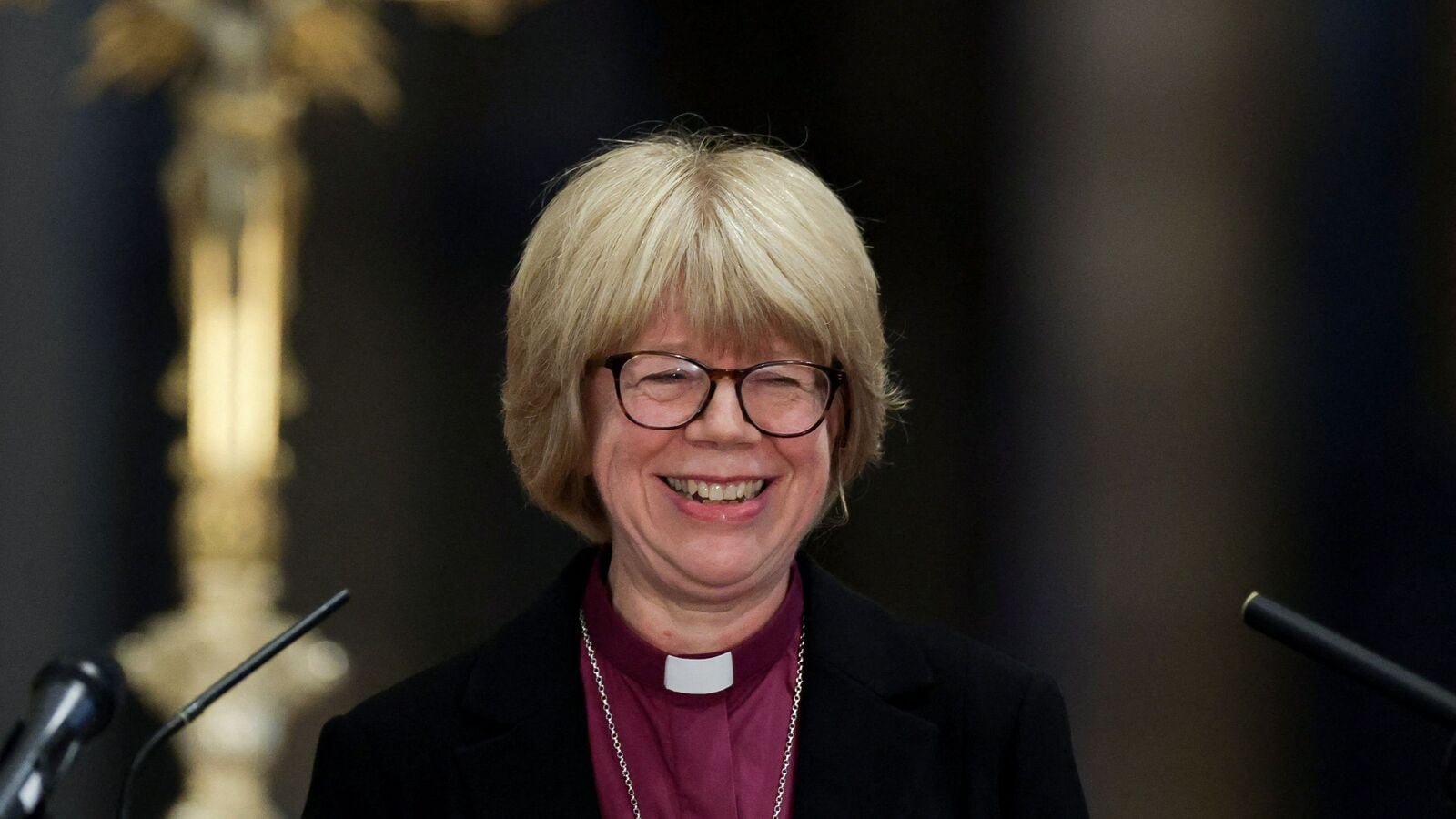 Archbishop of Canterbury-designate Sarah Mullally delivers an address inside Canterbury Cathedral, in Canterbury, Britain, October 3, 2025. REUTERS/Toby Melville