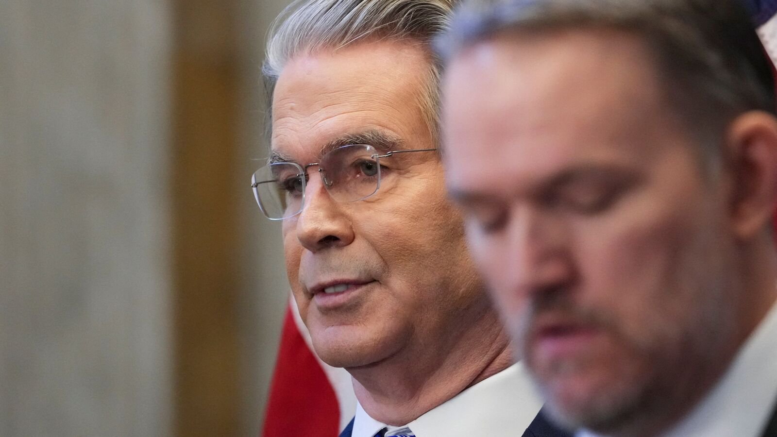 U.S. Treasury Secretary Scott Bessent looks on during a press conference with U.S. Trade Representative Jamieson Greer on the sidelines of the IMF/World Bank annual meetings in Washington, D.C., U.S., October 15, 2025. REUTERS/Ken Cedeno