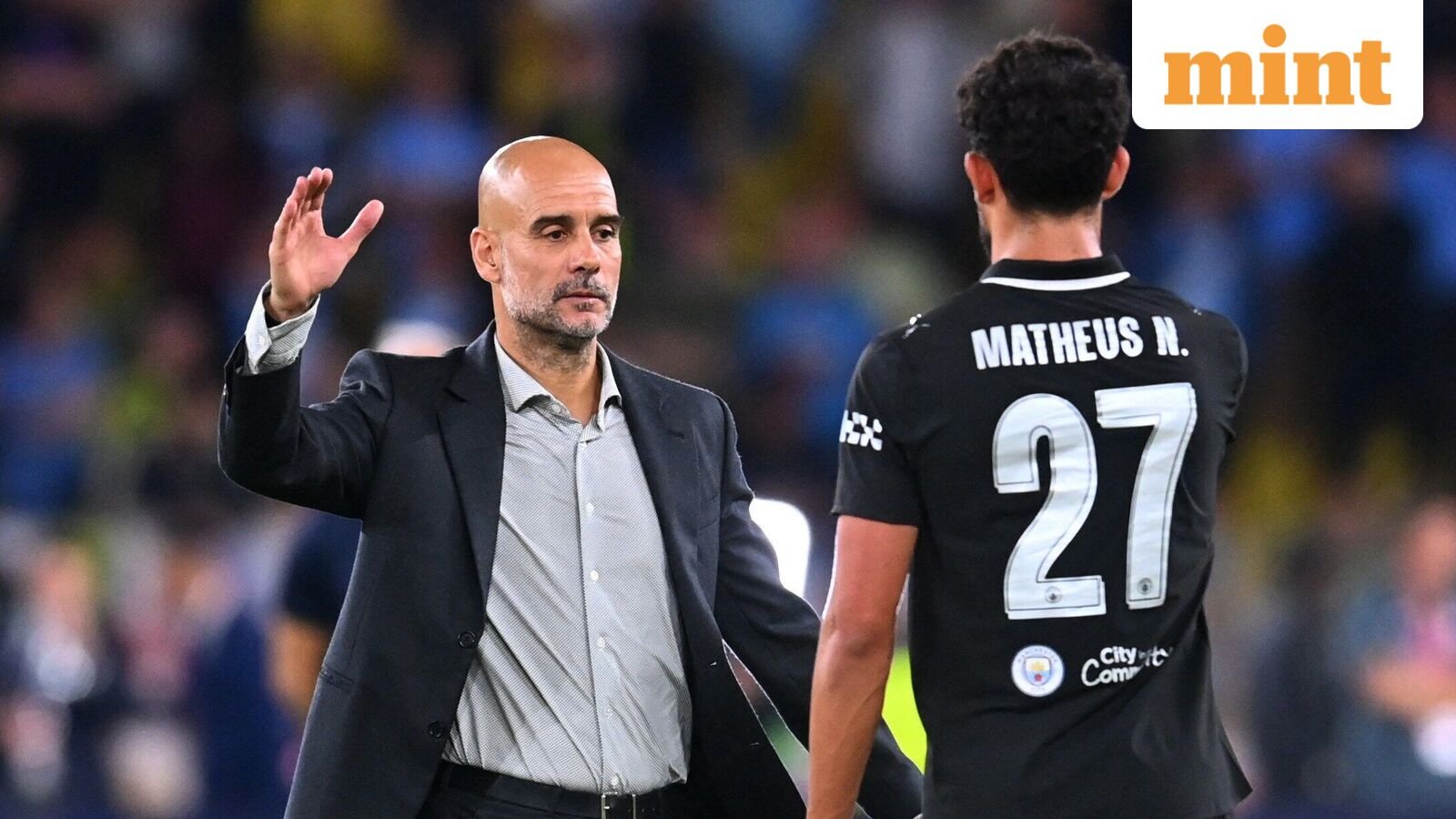 Manchester City manager Pep Guardiola and Matheus Nunes after the a match on October 1 REUTERS/Alexandre Dimou