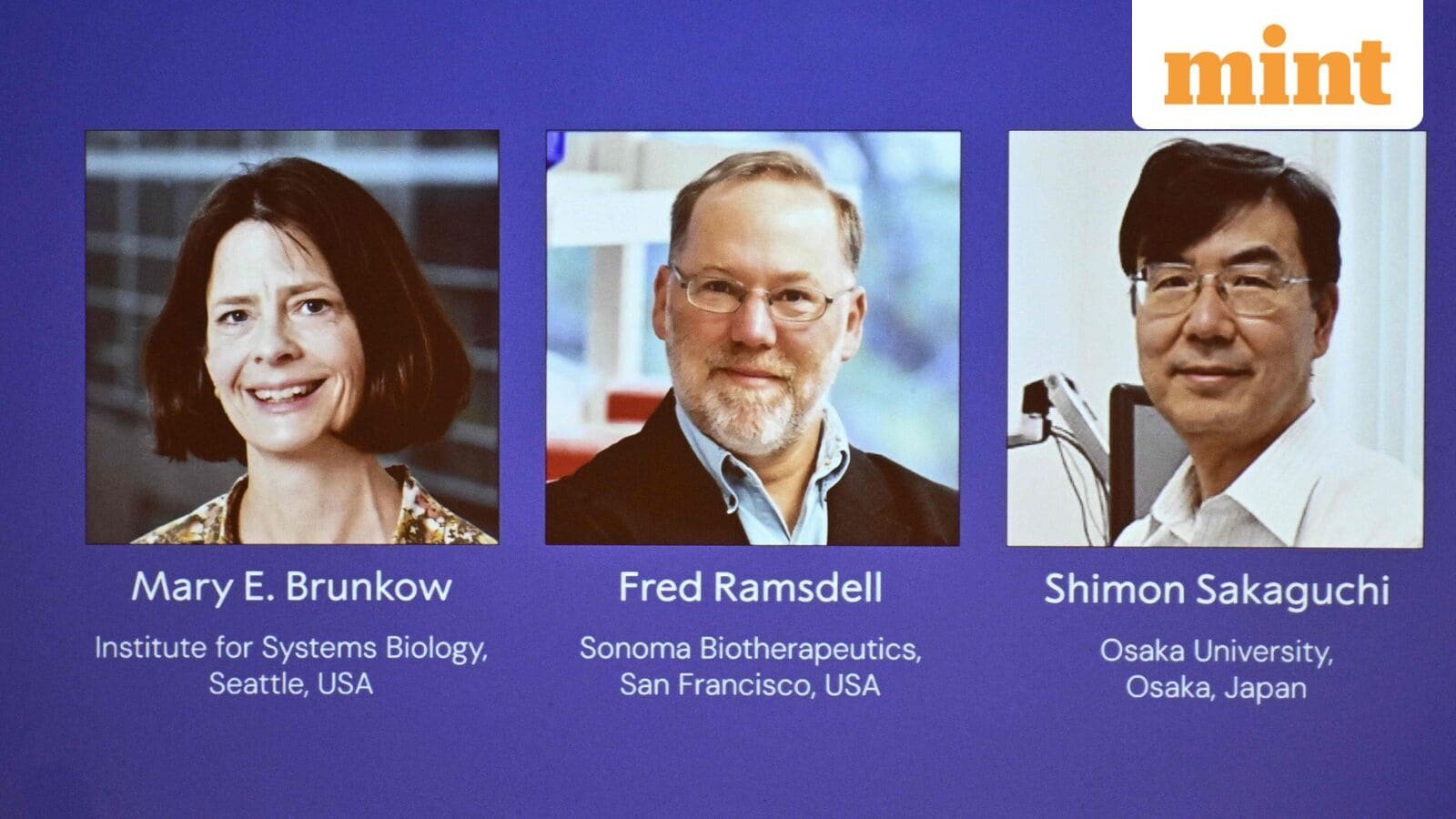 (L-R) The portraits of Mary E. Brunkow, Fred Ramsdell and Shimon Sakaguchi are displayed during a press conference where the winners of the 2025 Nobel Prize in Physiology or Medicine are announced at the Karolinska Institute in Stockholm, Sweden, on 6 October 2025.
