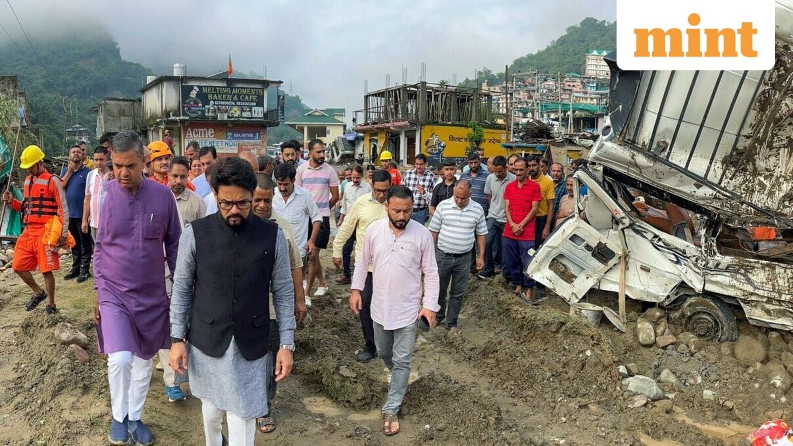 Dharampur, Sep 17 (ANI): BJP MP Anurag Thakur inspects the flood-affected area in Himachal Pradesh's Dharampur on Wednesday. (@ianuragthakur X/ANI Photo)