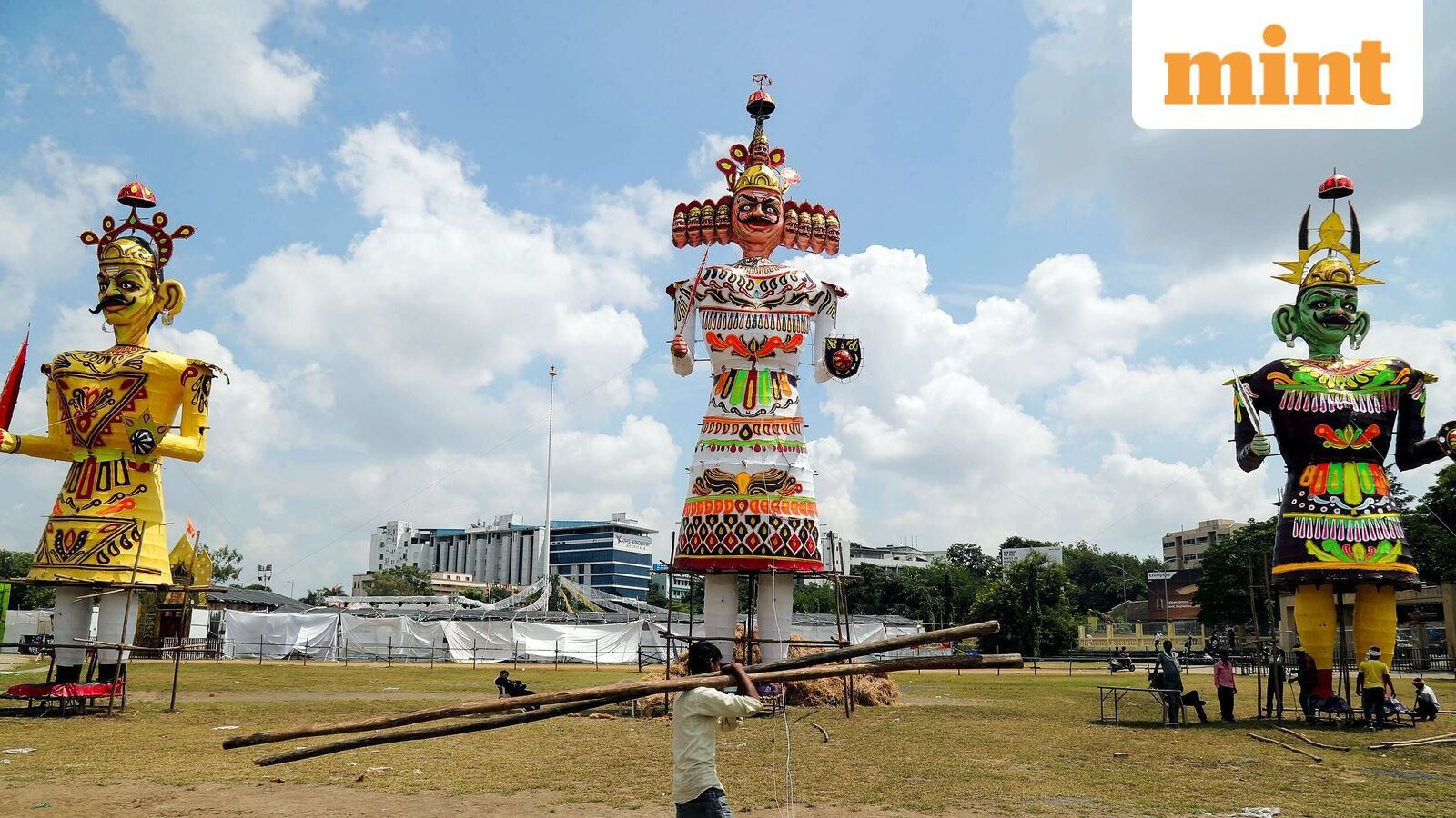 Effigies of Ravana, Kumbhkaran and Meghnad are installed at the KP Ground on the eve of the Dussehra festival celebration, in Nagpur on Wednesday.